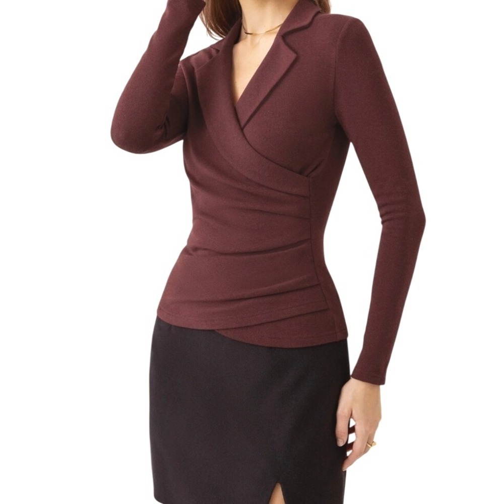 NWT OGL Eco-Mousse ProWarm Collared Surplice Top XS Burgundy/Deep Red Ruched
